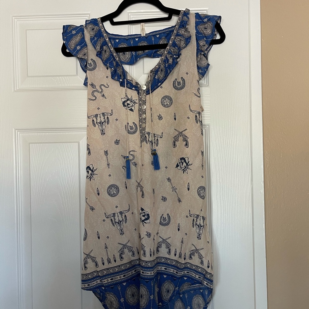 Spell Coyote Backless Shift Mini Dress in Blue and Cream